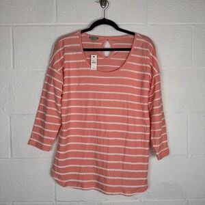 NWT Talbots T by Talbots Scallop Stripe Tee Coral Pink 3/4 Sleeve Keyhole Back M